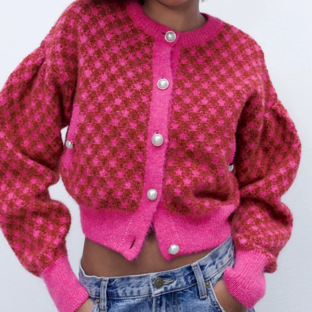 Zara check knit sweater with pearl button detail